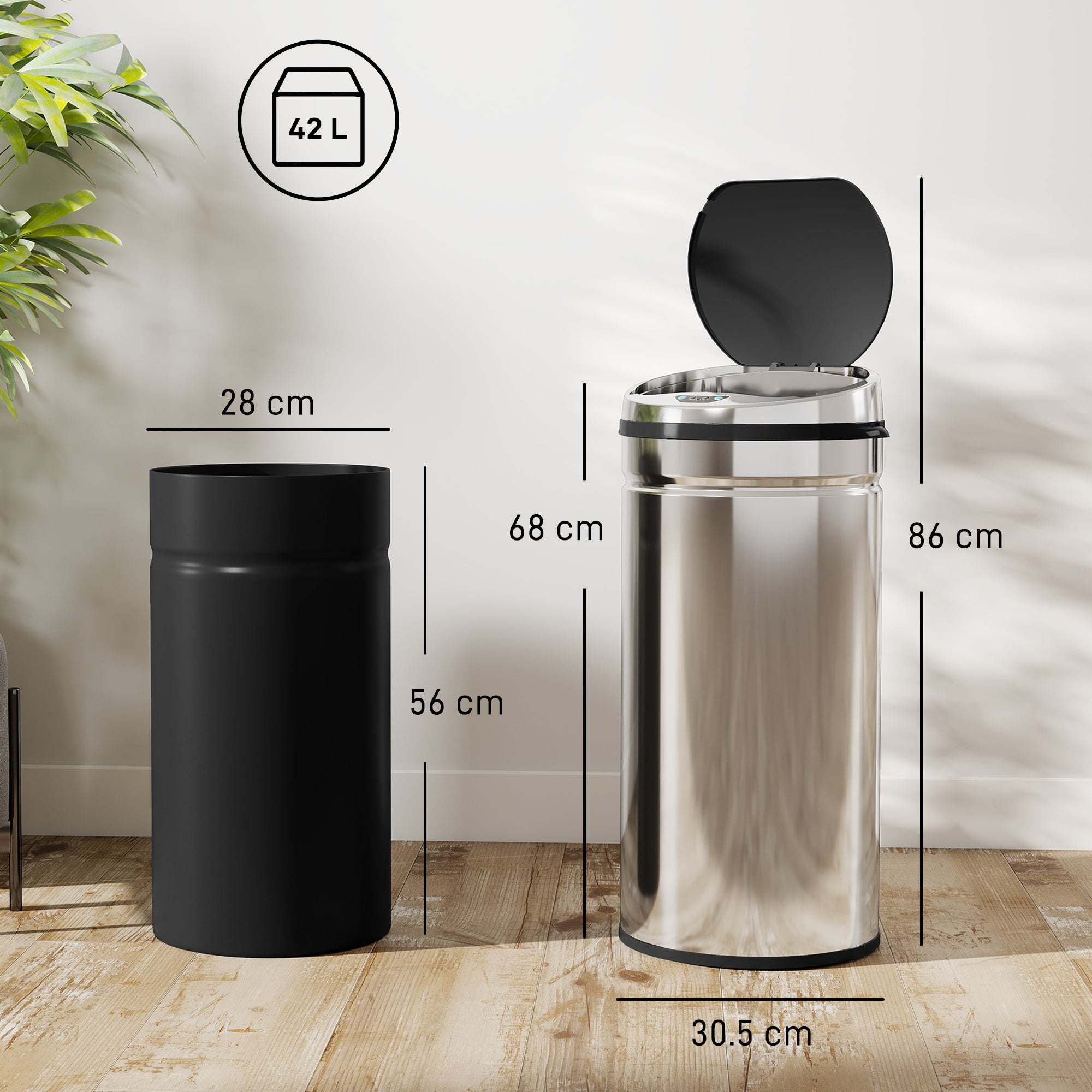 HOMCOM 42L Stainless Steel Sensor Bin - Silver Tone 