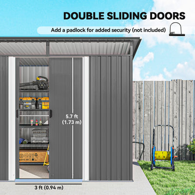 Outsunny 9ft x 6.5ft Garden Storage Shed with Top Window, Metal Outdoor Shed Tool House with Double Doors, Light Grey 