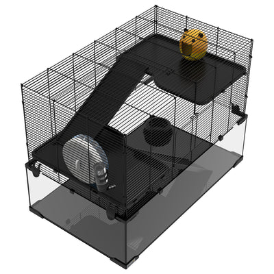 PawHut 3 Tiers Hamster Cage, Gerbil Cage with Deep Glass Bottom, Non-Slip Ramps, Platforms, Hut, Exercise Wheels, Water Bottle, Dish, for Syrian Hamster, Dwarf Hamster, 78.5 x 48.5 x 57cm 