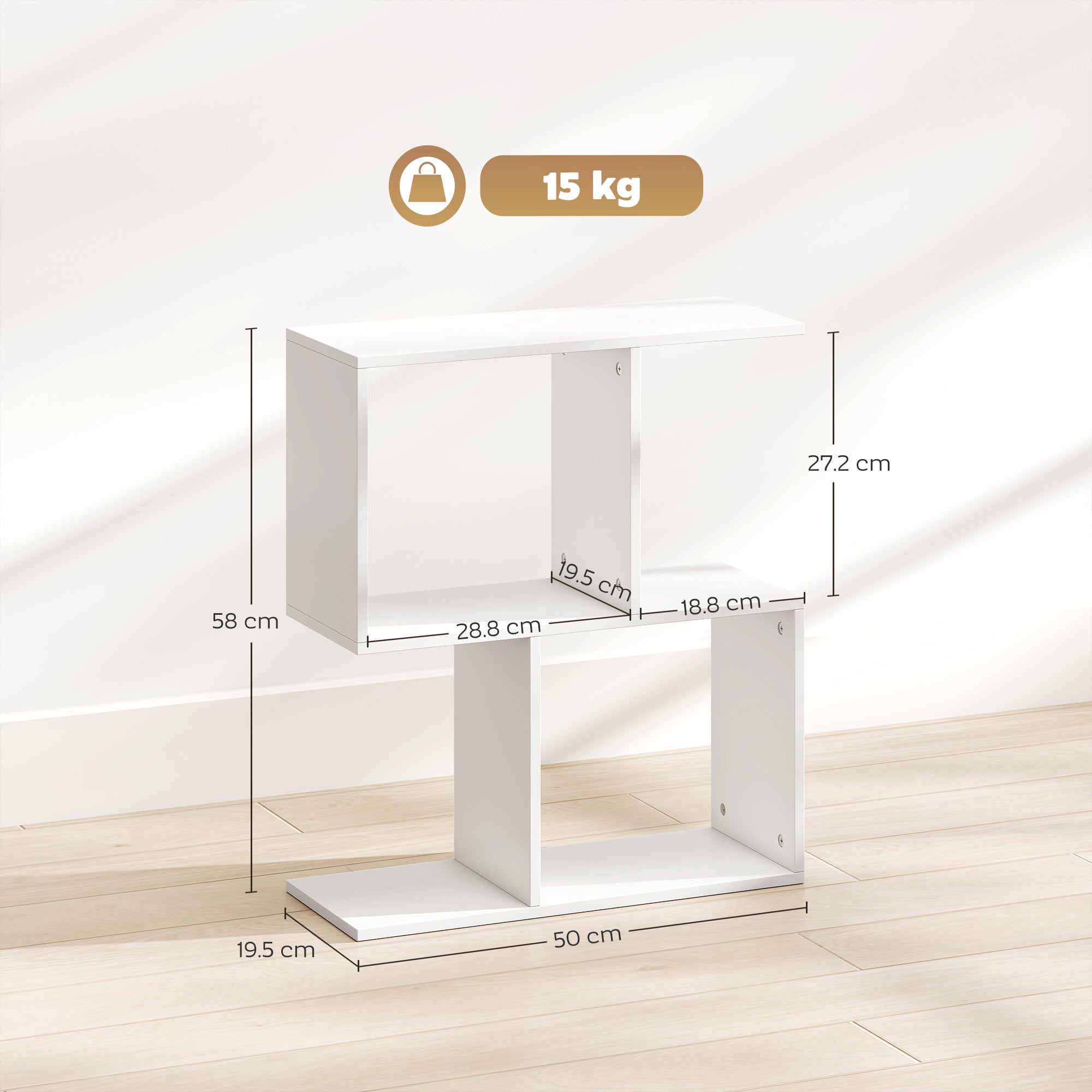 HOMCOM Side Table, Narrow End Table with Storage Shelves, S-Shaped, 3-Tier, 50W x 19.5D x 58H cm, White 