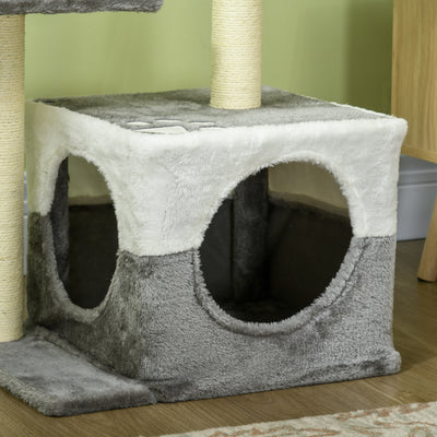 PawHut Cat Tree w/ Sisal Scratching Posts, House, Perches, Toy Mouse, Grey 