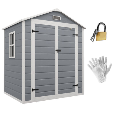 Outsunny 6'x4.5' Garden Storage Shed, Lockable Garden Shed with Double Doors, Window, Vent and Plastic Roof, Grey 
