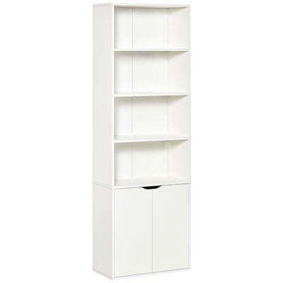 HOMCOM 6-Tier Tall Bookcase, Bookshelf with 4 Open Shelves and Double Door Storage Cabinet, Freestanding Display Rack for Living Room, Bedroom, Home Office, Study, 59 x 29 x 180cm, White 