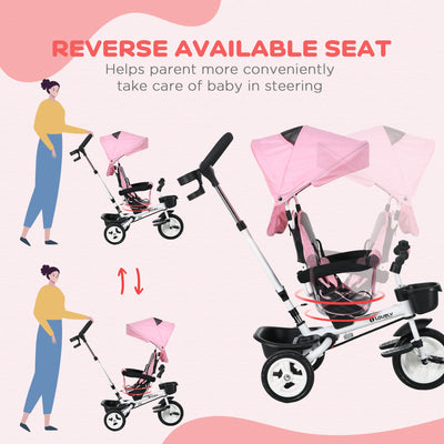HOMCOM Metal Frame 6 in 1 Baby Push Tricycle with Parent Handle for 1-5 Years Old, Pink 