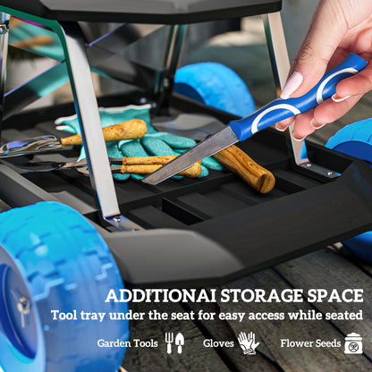 Outsunny Garden Cart with Wheels, Garden Stool Trolley with Tool Tray, Rolling Garden Seat for Weeding, Planting, Blue