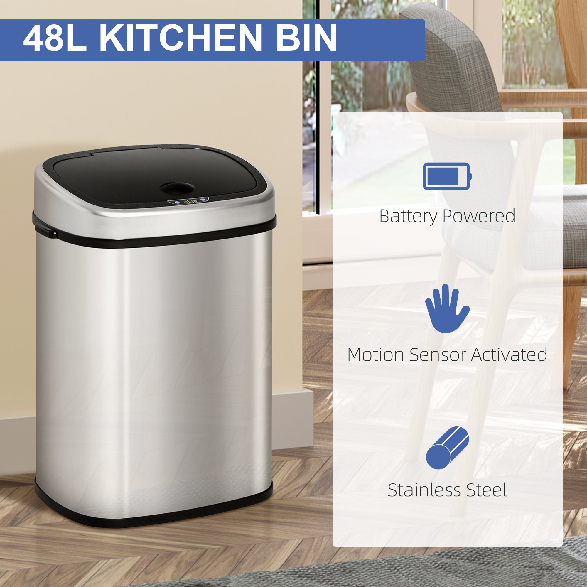 HOMCOM Stainless Steel Kitchen Sensor Dustbin Automatic Touchless Rubbish Garbage Waste Bin 48L Silver 
