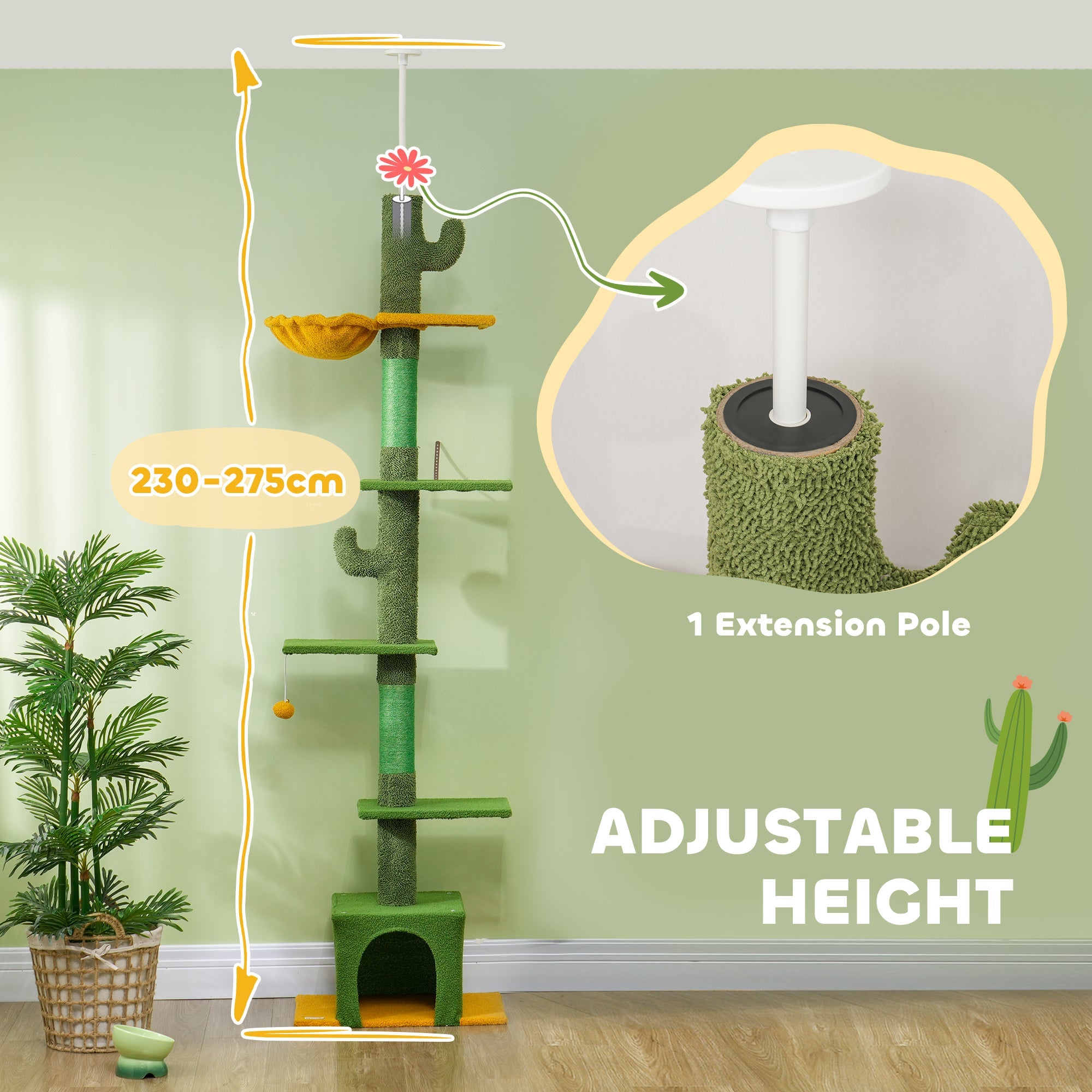 PawHut 230-275cm Floor-to-Ceiling Adjustable Cat Tree with Scratching Posts, Hammock 