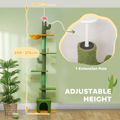 PawHut 230-275cm Floor-to-Ceiling Adjustable Cat Tree with Scratching Posts, Hammock 