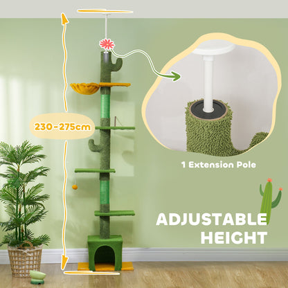 PawHut 230-275cm Floor-to-Ceiling Adjustable Cat Tree with Scratching Posts, Hammock 