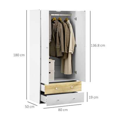 HOMCOM 2-Door Wardrobe with 2 Drawers, Hanging Rod and Anti-tipping Straps for Bedroom Clothes Storage Organisation, White 