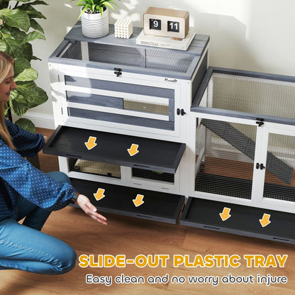 PawHut Wooden Rabbit Hutch with Run, 2-Tier Guinea Pig Hutch with Run, Wheels, 3 Plastic Trays, 2 Openable Top, for 2-3 Rabbits 