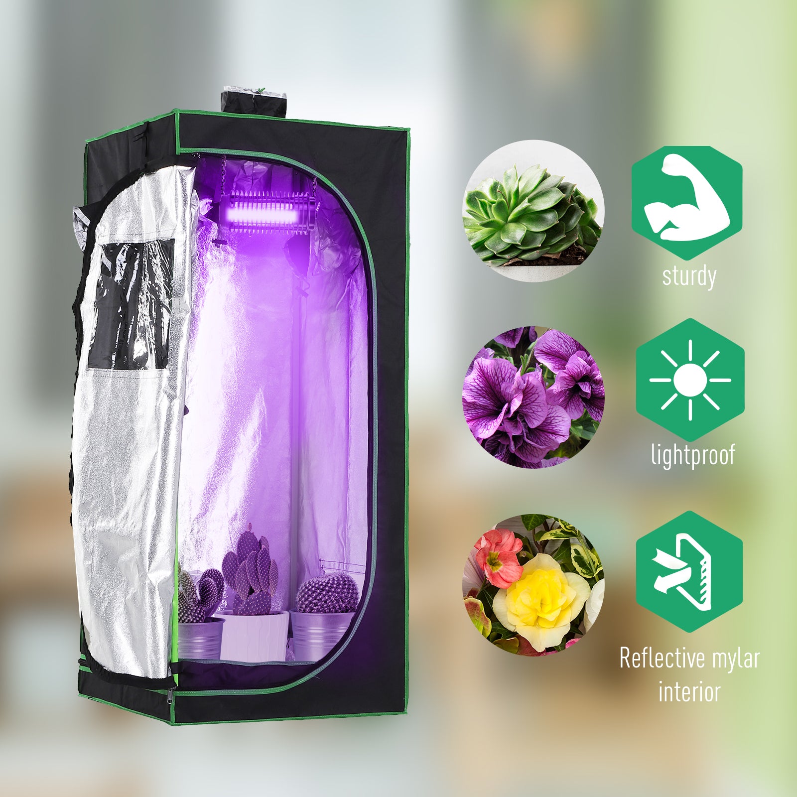 Outsunny Grow Tent Reflective Mylar Hydroponic with Adjustable Vents and Floor Tray for Indoor Plant Growing, 60 x 60 x 140 cm (24.5" x 24.5" x 55") 