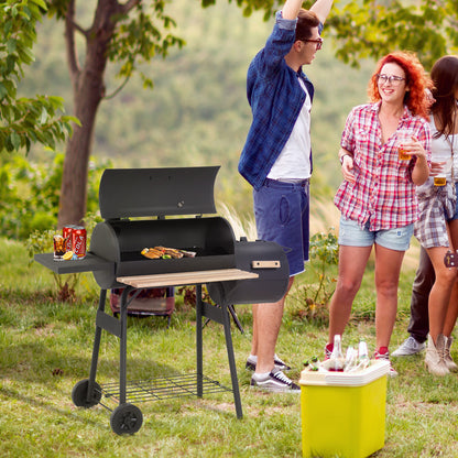 Outsunny Portable Charcoal BBQ Grill, Cold-rolled Steel, Solid Wood, 104H x 124L x53W cm-Black 