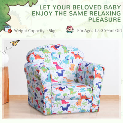 HOMCOM Children Armchair Kids Sofa Tub Chair Seat Cartoon Dinosaur Pattern Bedroom Flannel Wooden Frame Non-slip Playroom Seater 