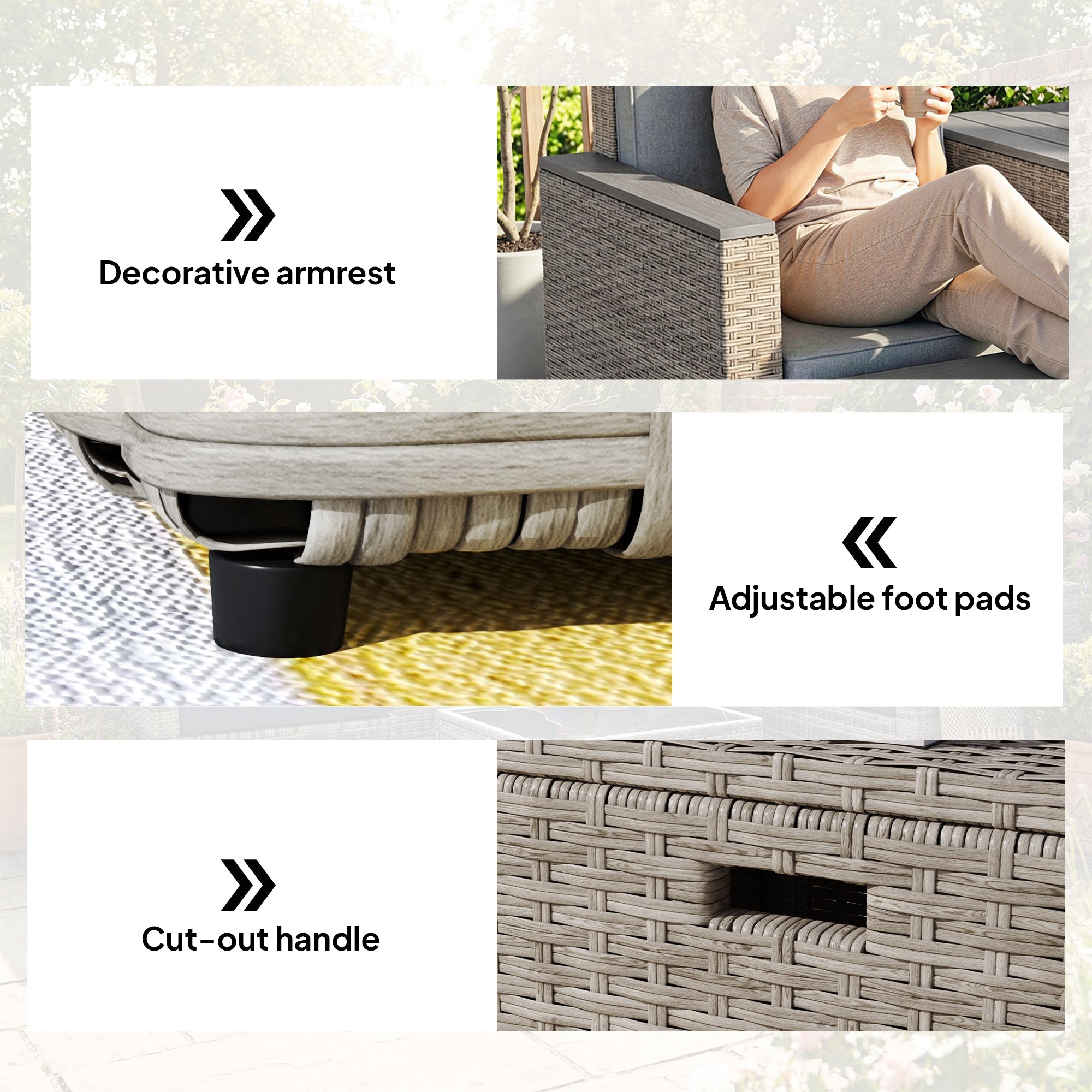 Outsunny 5 Piece Rattan Garden Furniture Set with Storage Table, Footstools, Cushions, Dark Grey 