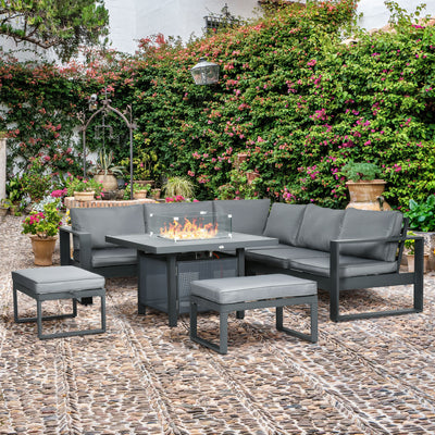 Outsunny 6-Piece Aluminium Garden Furniture Set, Outdoor Conversational Corner Sofa Loveseat Footstool Sectional with Gas Fire Pit Table for Yard, Poolside, Grey 
