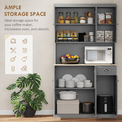 HOMCOM 180cm Freestanding Kitchen Cabinet, Modern Storage Cupboard with Open Countertop, Drawer and 6 Doors, Grey 