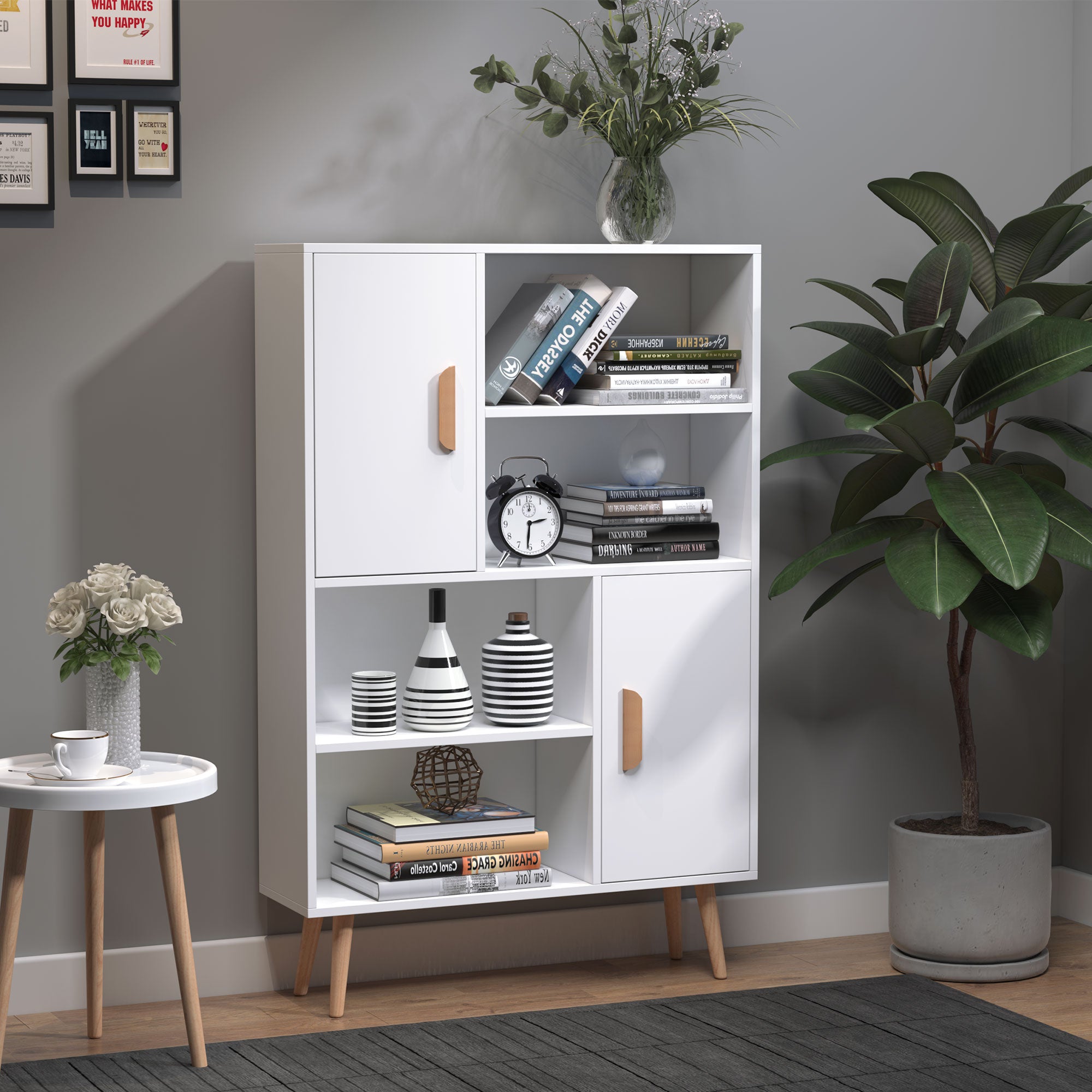 HOMCOM Sideboard Bookshelf Free Standing Bookcase Shelves Unit Display Storage Cabinet w/ Adjustable Shelves, Wooden Leg, Two Doors, White 