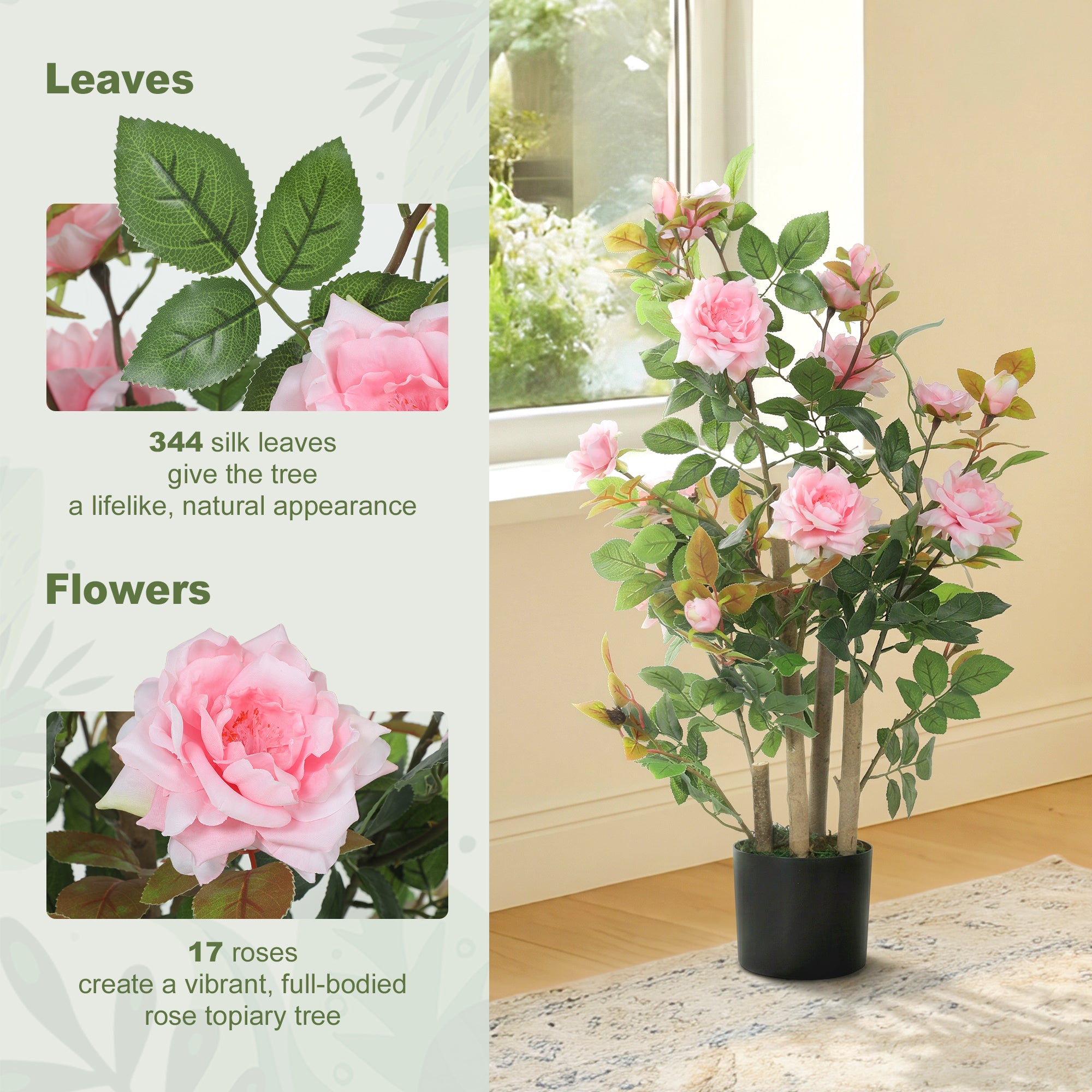 HOMCOM 90cm Artificial Rose Tree, Decorative Fake Plant with 344 Silk Leaves 17 Flowers for Outdoor Indoor Decor, Pink 