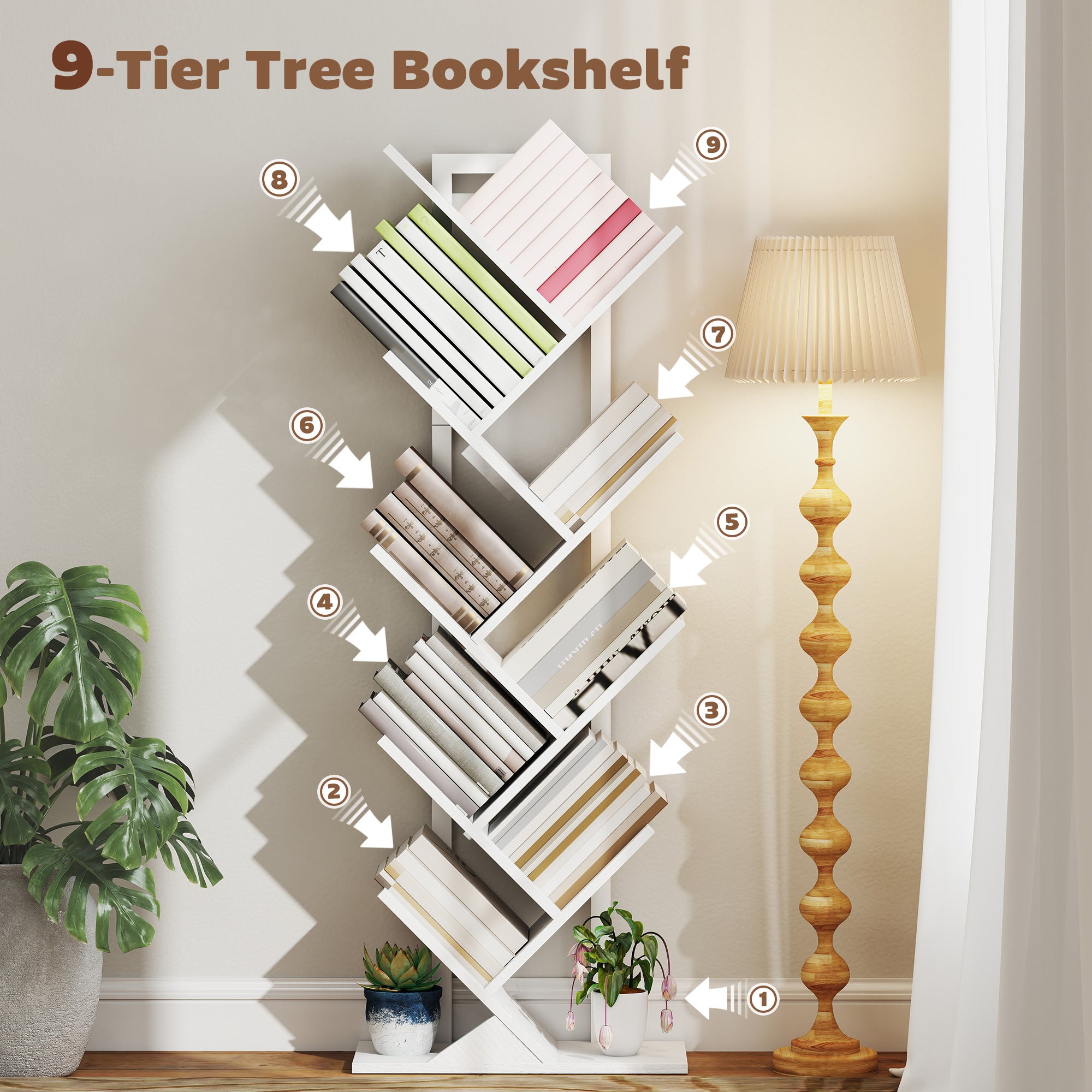 HOMCOM 9-Tier Tree Bookshelf, Industrial Free Standing Bookcase with Steel Frame, Display Storage White 