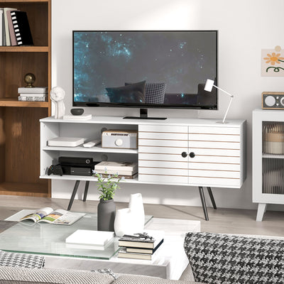 HOMCOM TV Stand with Cupboard, Open Shelves, Striped Doors, Wooden legs, White 