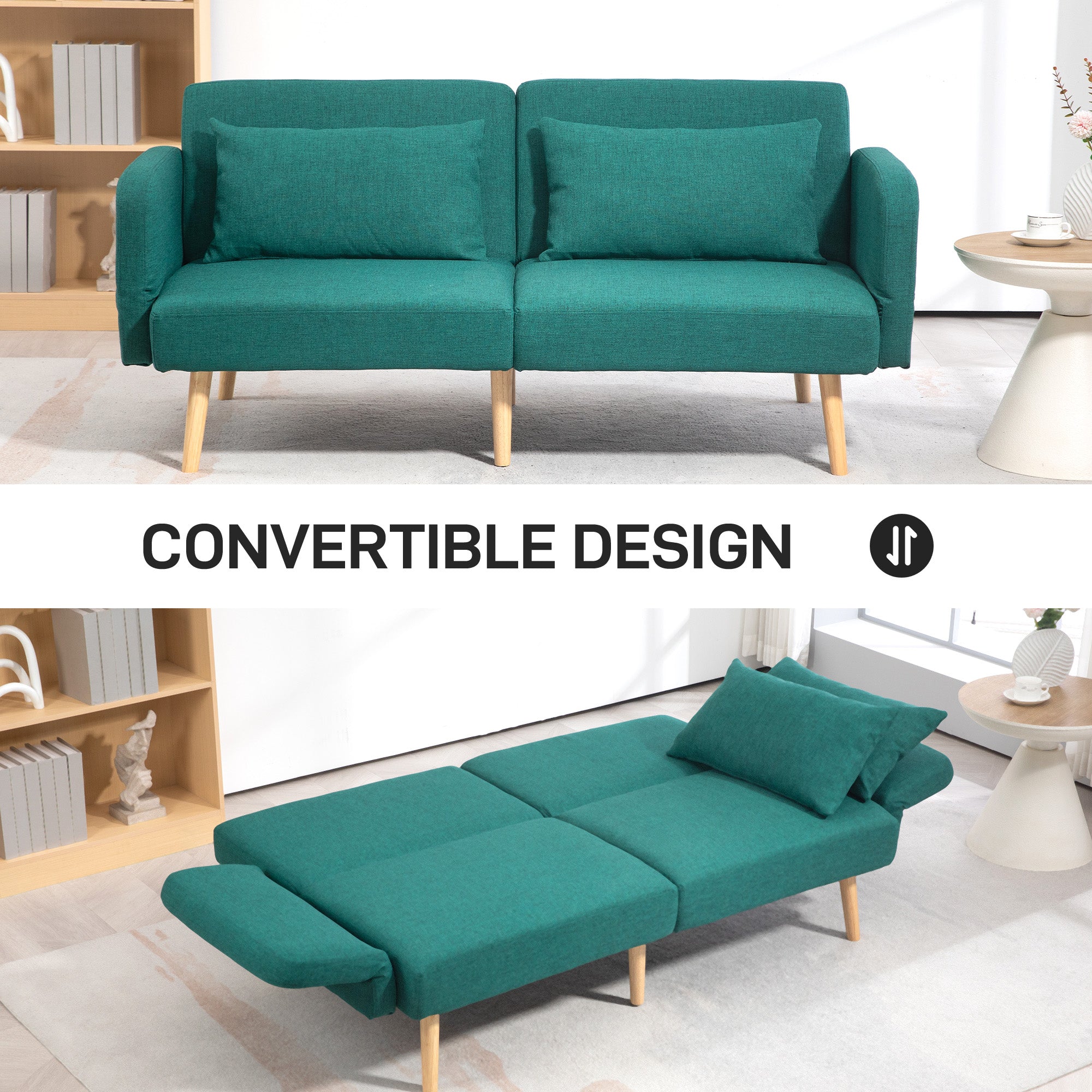 HOMCOM 2/3 Seater Sofa Bed, Convertible Bed Settee, Fabric Sofa Couch with 2 Cushions for Living Room, Guest Room, Green 