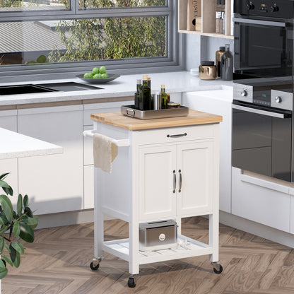 HOMCOM Kitchen Storage Trolley Cart Rolling Wheels Shelves Cupboard W/ Drawer And Towel Rail Rubber Wood Worktop White 
