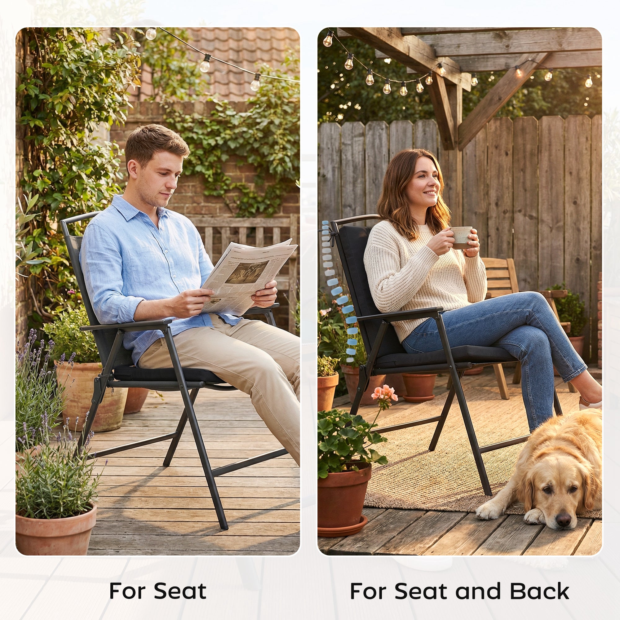 Outsunny Outdoor Seat Cushions Set of 2 with Ties, Waterproof Garden Seat Pads, Black 