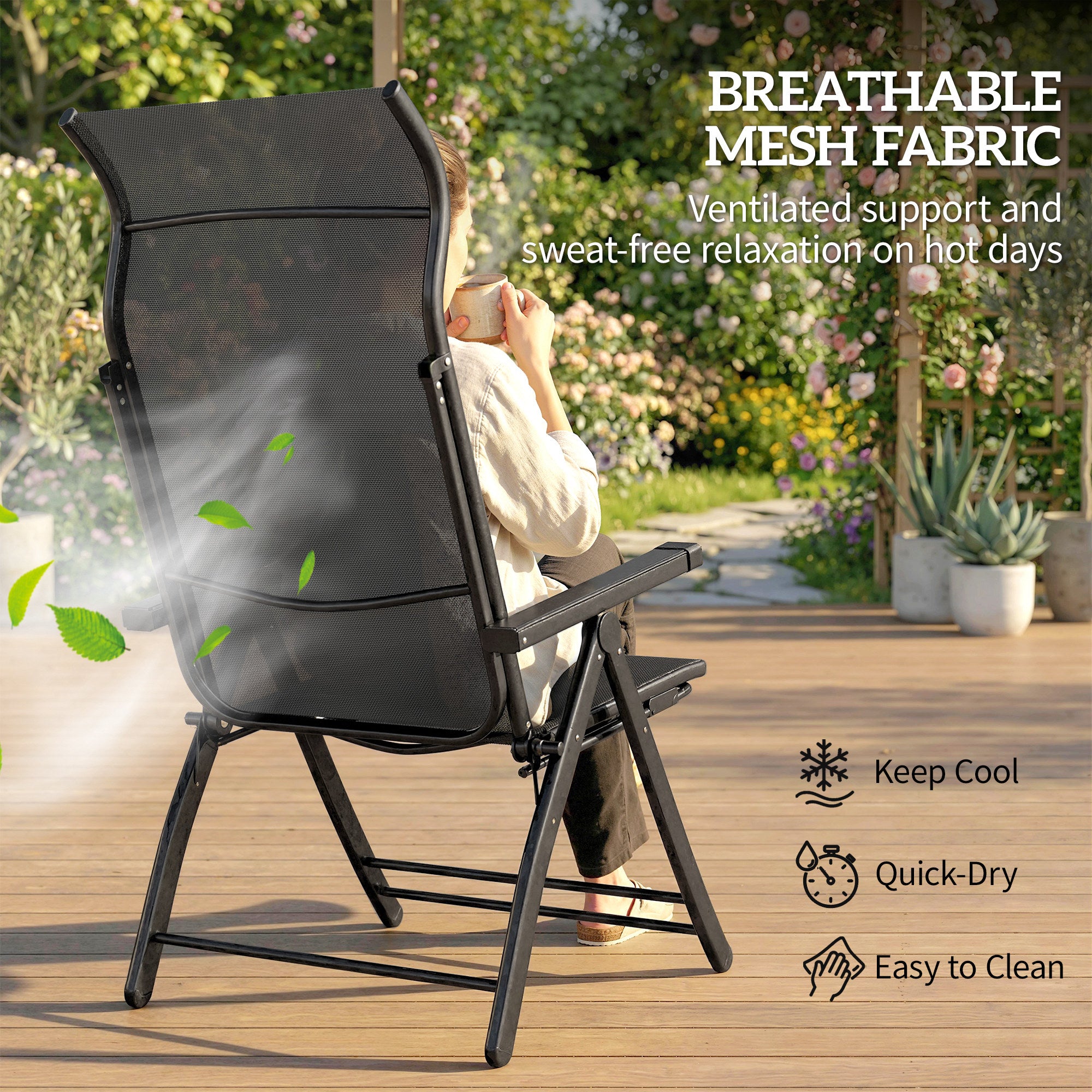 Outsunny Reclining Garden Chairs Set of 2, 5-Position Folding Sun Loungers with High Back, Retractable Footrest, Dark Grey 