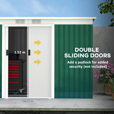 Outsunny 9ft x 4ft Metal Garden Shed, Outdoor Tool House with Foundation Kit, Ventilations and Double Doors, Deep Green 