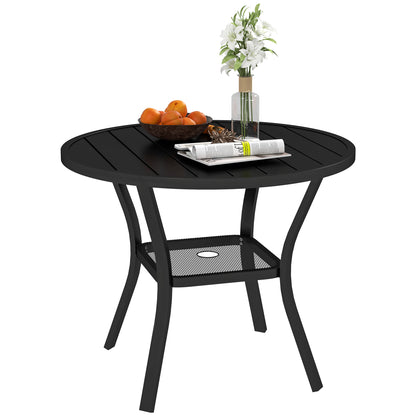 Outsunny 90 cm Garden Dining Table with 4-5 cm Parasol Hole, Round Outdoor Dining Table, Steel Garden Table with Slatted Metal Top and Wire Shelf for Balcony, Porch, Black 