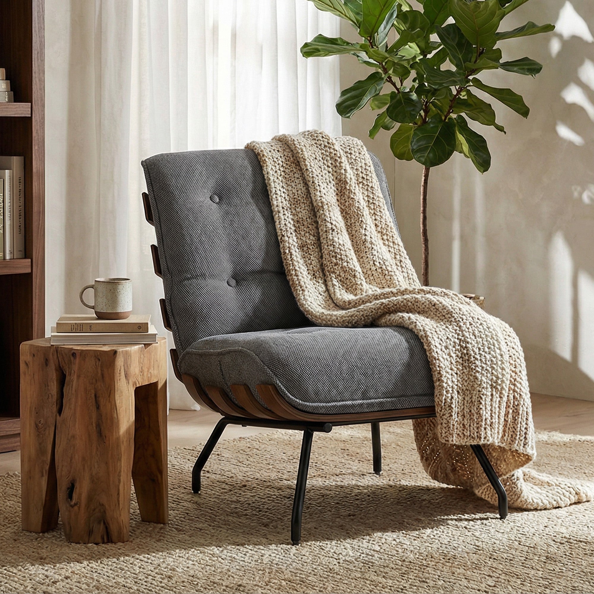 HOMCOM Accent Chair, Linen-look Fabric Reading Chair with Spring Cushion, Slatted Support, Steel Frame, Dark Grey 