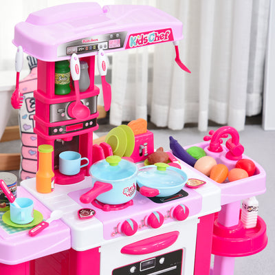 HOMCOM 38 Pcs Kids Children Kitchen Play Set w/ Realistic Sounds Lights Food Utensils Pots Pans Appliances Toy Game Pink 