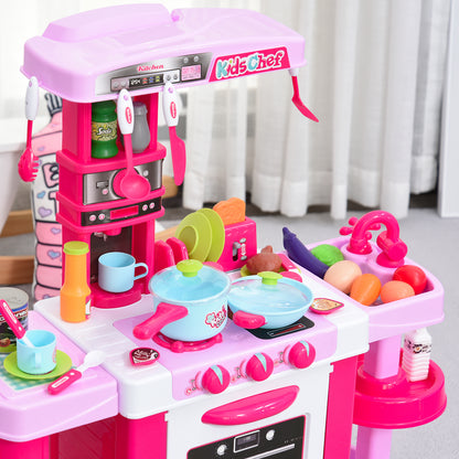 HOMCOM 38 Pcs Kids Children Kitchen Play Set w/ Realistic Sounds Lights Food Utensils Pots Pans Appliances Toy Game Pink 