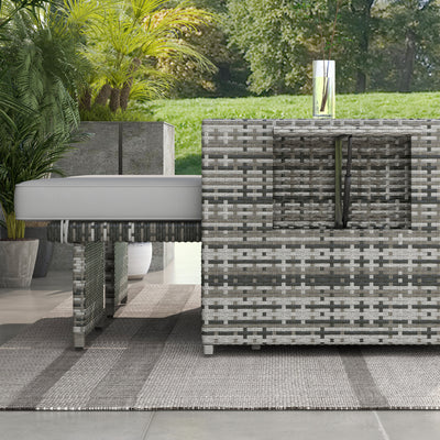 Outsunny Rattan Sun Lounger w/ Storage Tea Table & Footstools, Grey 