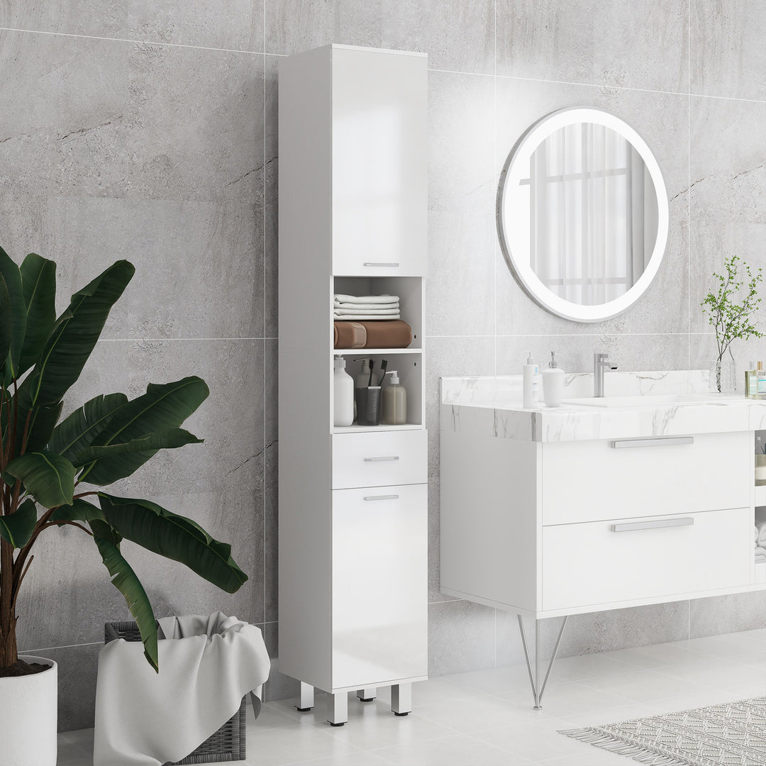 kleankin 71" Tall Slim Bathroom Storage Cabinet, Tall Narrow Cupboard with Drawer, Open Shelves, 2 Doors Cabinets and Adjustable Shelves for Kitchen, Hallway, Living Room, High Gloss White 