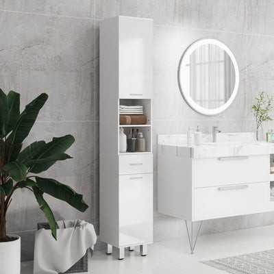 kleankin 71" Tall Slim Bathroom Storage Cabinet, Tall Narrow Cupboard with Drawer, Open Shelves, 2 Doors Cabinets and Adjustable Shelves for Kitchen, Hallway, Living Room, High Gloss White 