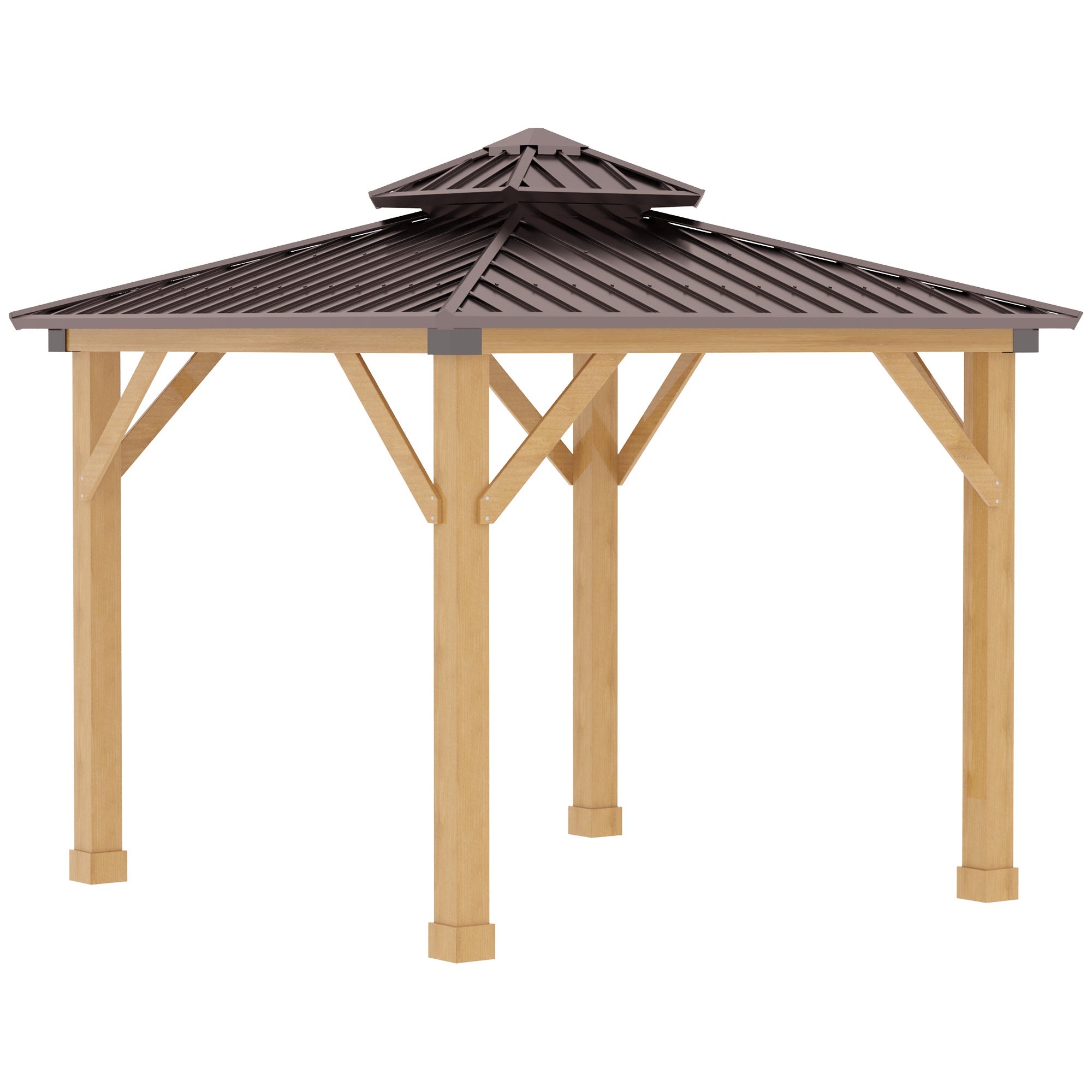 Outsunny 3x(3)M Outdoor Hardtop Gazebo Canopy with 2-Tier Roof and Solid Wood Frame, Outdoor Patio Shelter for Patio, Garden, Brown 