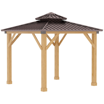 Outsunny 3x(3)M Outdoor Hardtop Gazebo Canopy with 2-Tier Roof and Solid Wood Frame, Outdoor Patio Shelter for Patio, Garden, Brown 