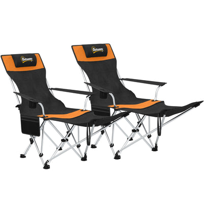 Outsunny Set of 2 Reclining Folding Camping Chair w/ Detachable Footrest, Storage Bag, Cup Holder & Headrest, Lightweight Portable Camp Chair for Beach, Picnic, Orange and Black 
