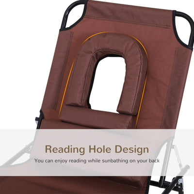 Outsunny Outdoor Foldable Sun Lounger, 4 Level Adjustable Backrest Reclining Sun Lounger Chair with Pillow and Reading Hole, Brown 