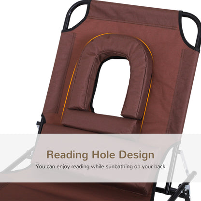 Outsunny Outdoor Foldable Sun Lounger, 4 Level Adjustable Backrest Reclining Sun Lounger Chair with Pillow and Reading Hole, Brown 