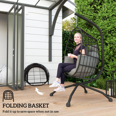 Outsunny Hanging Egg Chair Outdoor Indoor Garden Swing Chair with Folding Basket and Thickened Cushion, Garden Hanging Chair with Stand, Headrest, Cup Holder for Patio, Balcony, Dark Grey 