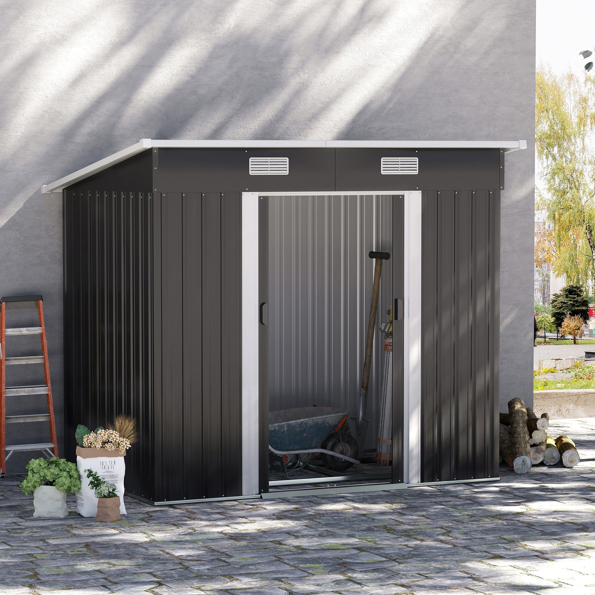 Outsunny 7 x 4ft Outdoor Storage Shed with Foundation Kit, Lean to Metal Garden Shed for Log, Rubbish Bin, Tool, Lawnmower, Bike, Patio and Lawn Use, Black 