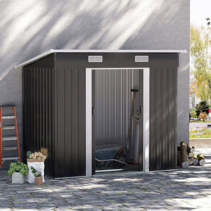 Outsunny 7 x 4ft Outdoor Storage Shed with Foundation Kit, Lean to Metal Garden Shed for Log, Rubbish Bin, Tool, Lawnmower, Bike, Patio and Lawn Use, Black 