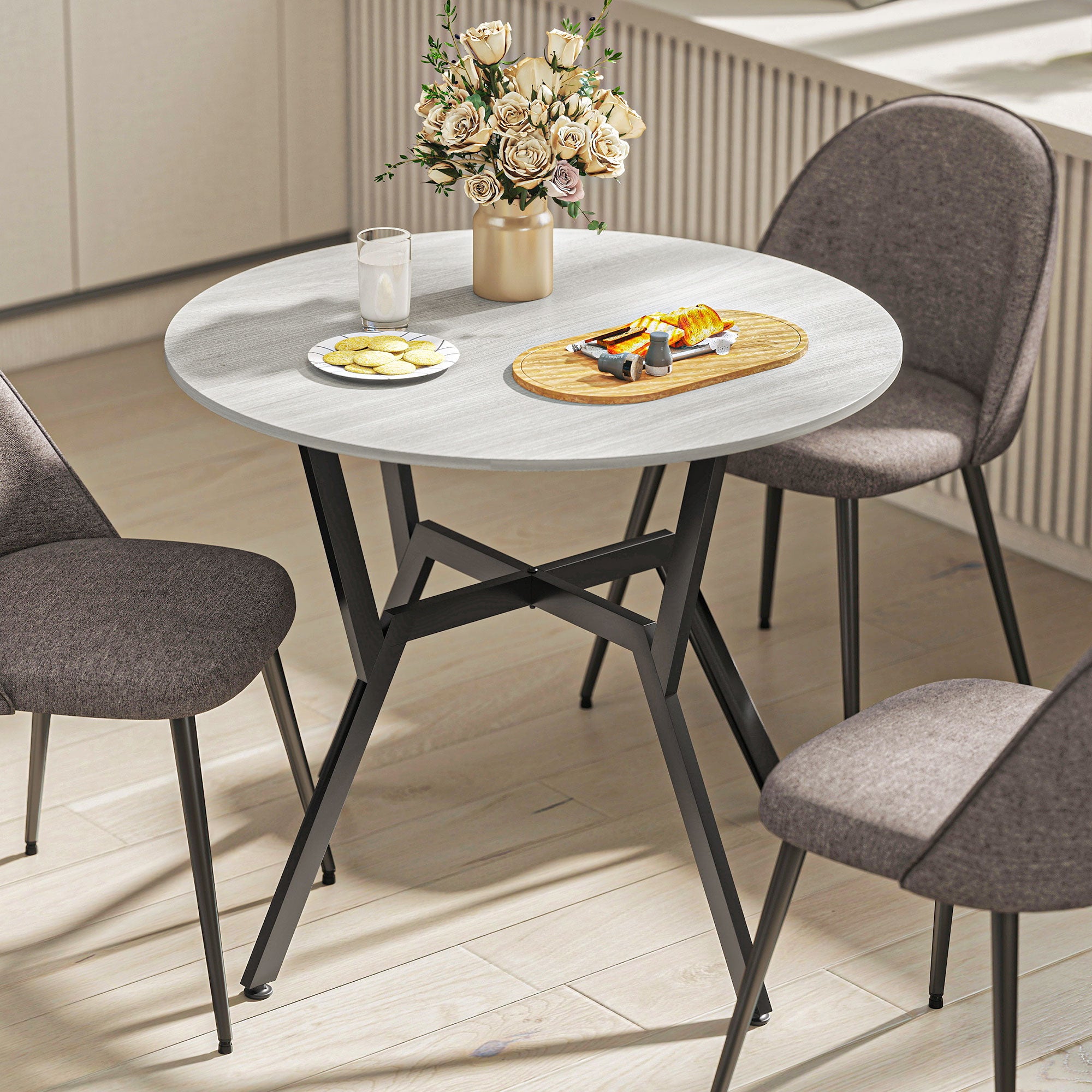 HOMCOM Dining Table, Round Kitchen Table with Black Legs, Anti-slip Foot Pads for Living Room, Dining Room 90 x 76 cm, Grey 