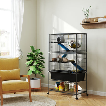 PawHut 5 Levels Rolling Small Animal Cage with Non Slip Ramps, Slide Out 16cm Deep Tray, 88 x 48 x 150.5cm, Dark Grey 