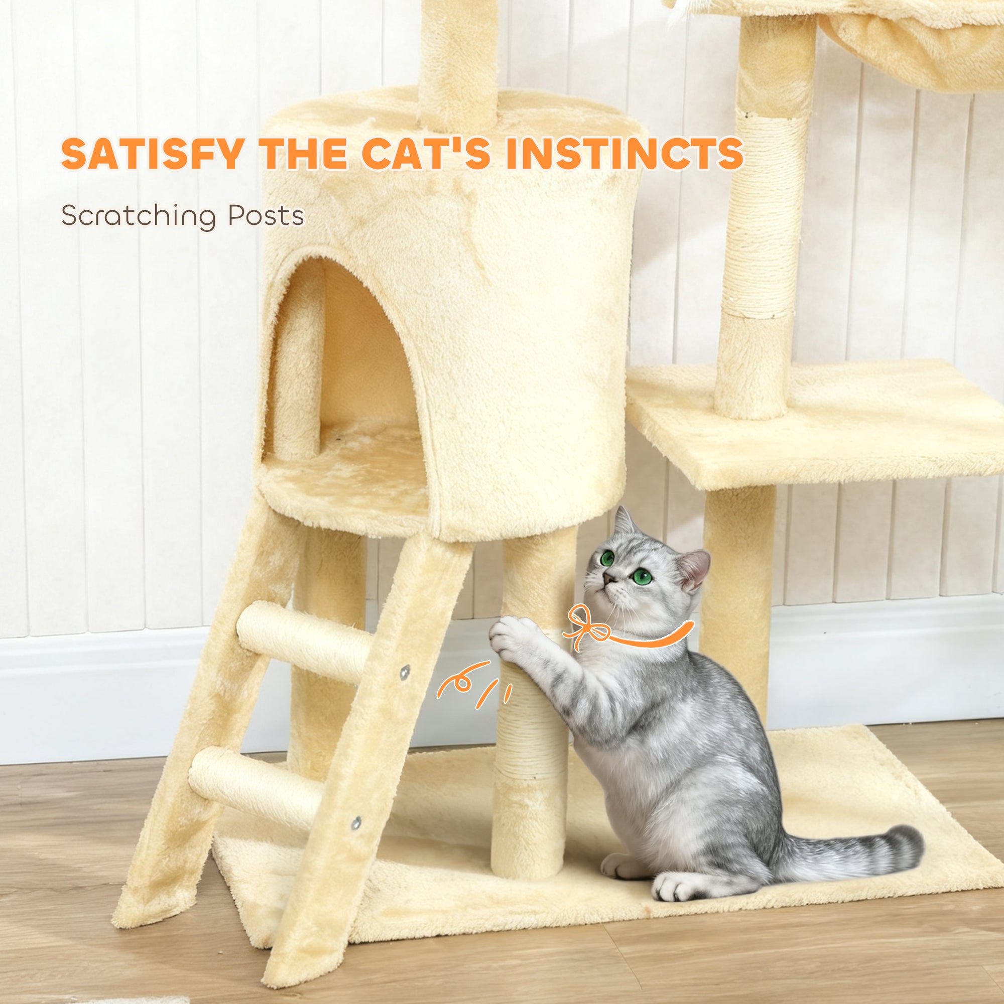 PawHut Multi-Level Cat Tower, 134cm Cat Tree with Condo and Sisal Scratching Posts for Indoor Kittens, Beige 