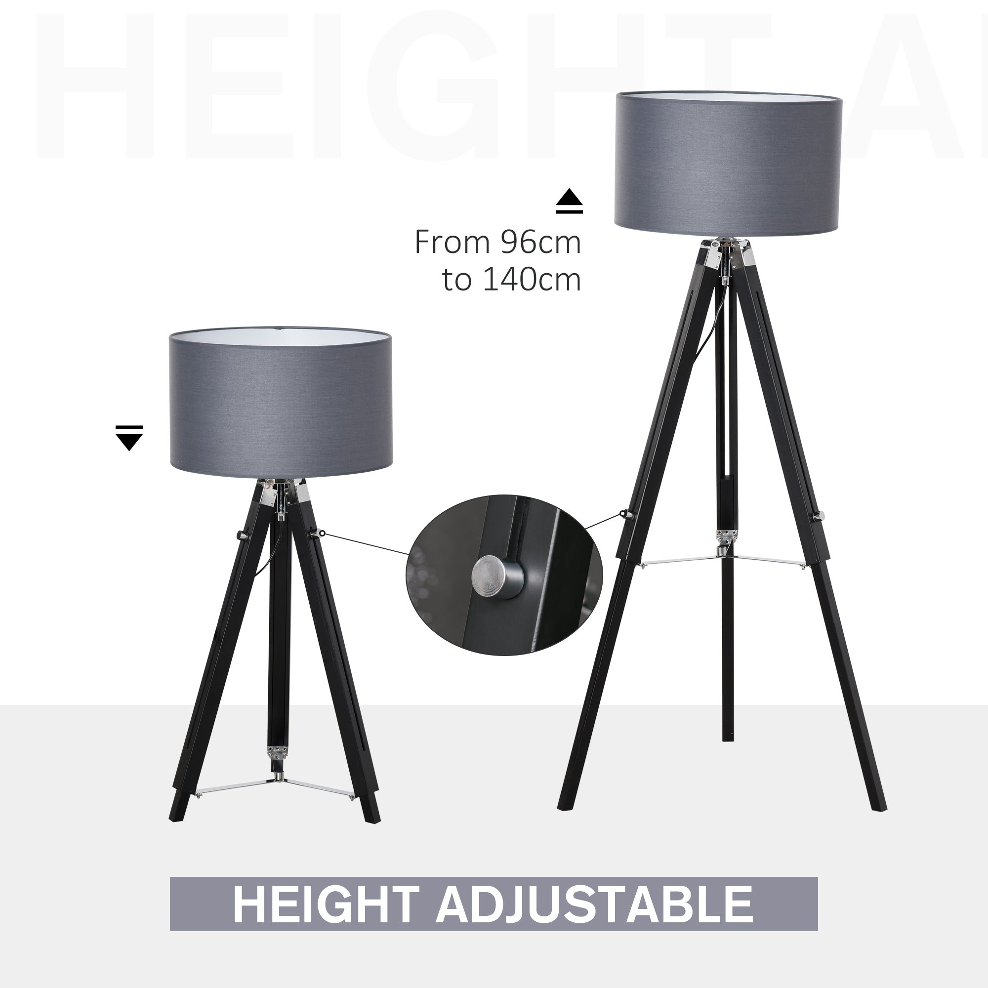 HOMCOM Modern Tripod Floor Lamps for Living Room with Fabric Lampshade, Standing Lamp for Bedroom Bulb not Included, Grey and Black 