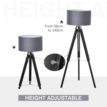 HOMCOM Modern Tripod Floor Lamps for Living Room with Fabric Lampshade, Standing Lamp for Bedroom Bulb not Included, Grey and Black 